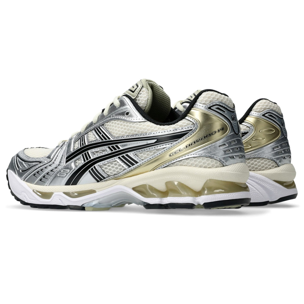ASICS GEL-Kayano 14 Beige / Argent – paire en vue trois-quarts opposée