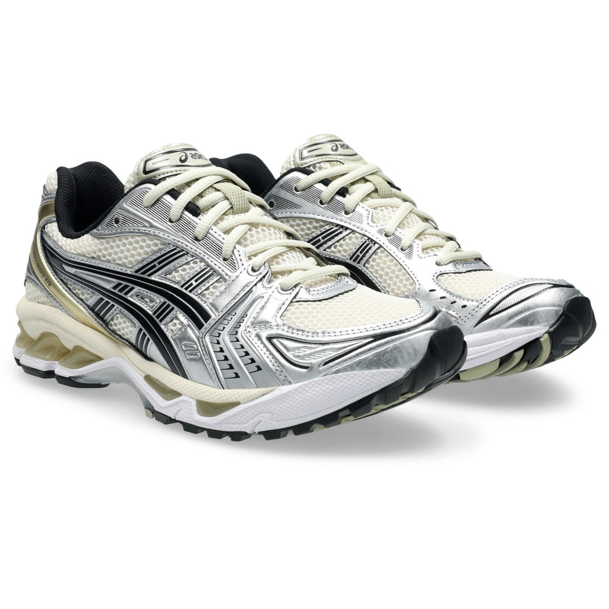 ASICS GEL-Kayano 14 Beige / Argent – paire en vue trois-quarts avant